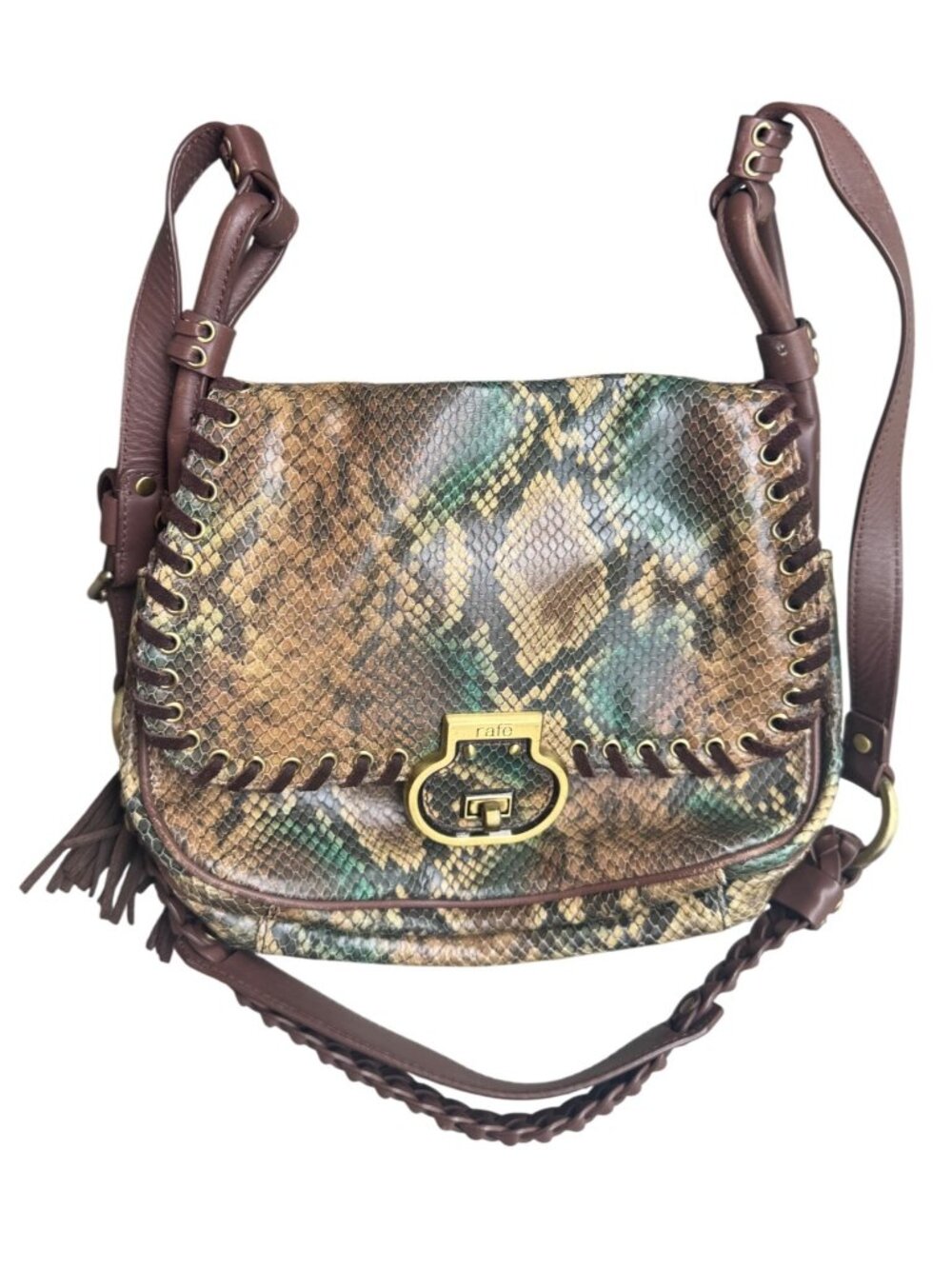 Rafe New York Brown Snakeskin Leather Braided Crossbody Bag Whipstitch Purse